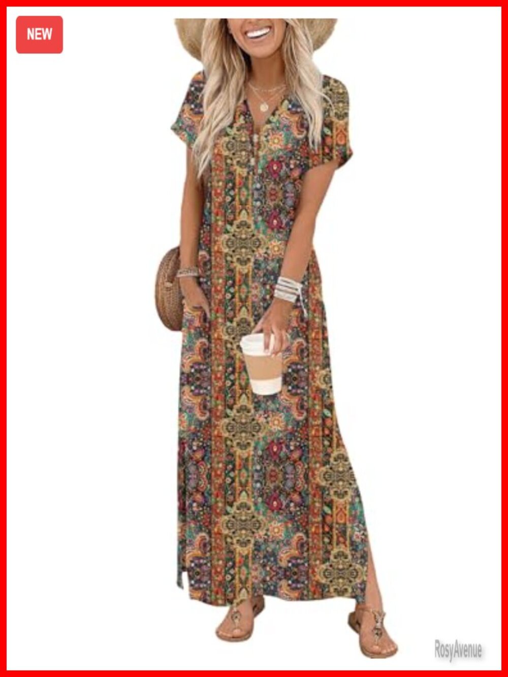 Womens Maxi Dress Summer Casual Short Sleeve Split Pockets 95% Polyester